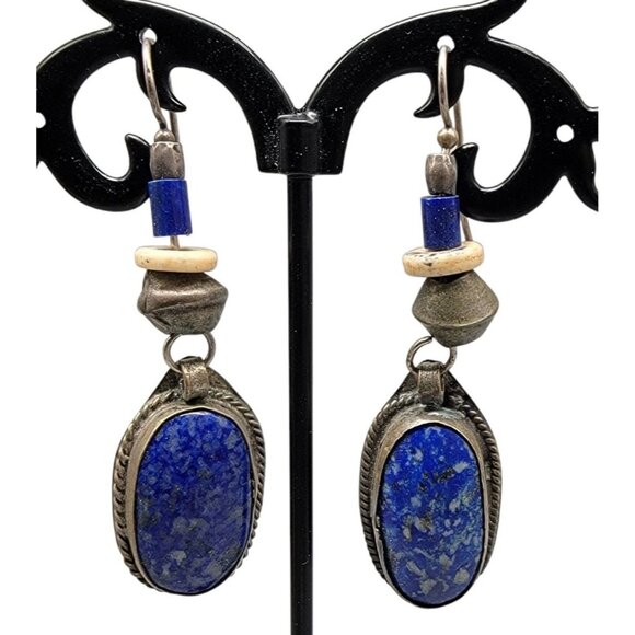 Vintage Lapis Lazuli Dangling Hook Earrings Mixed Metal Setting Beaded - Picture 1 of 10